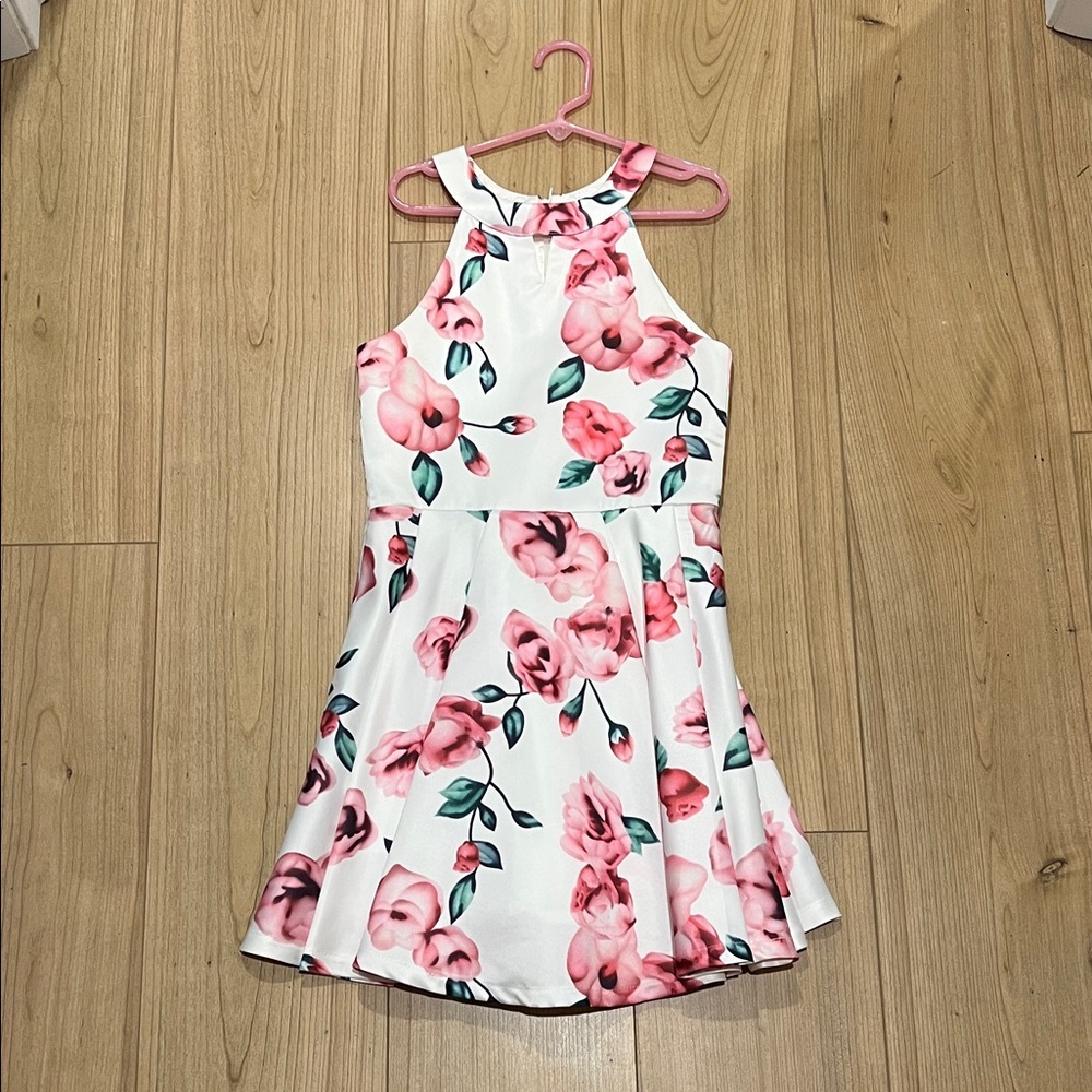 Girls' White Floral Halter Dress with Pink Rose Print